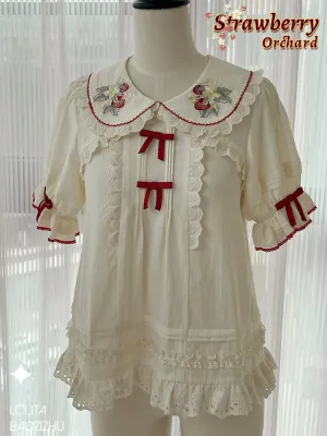 Strawberry Embroidery Short Sleeve Blouse