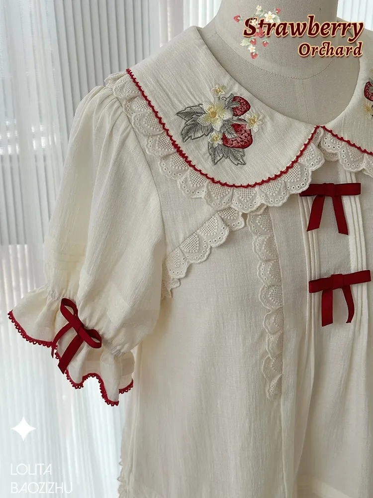 Strawberry Embroidery Short Sleeve Blouse