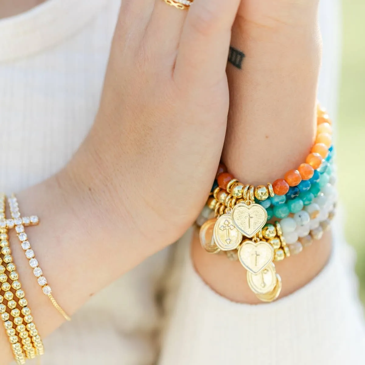 Stretch Stone Bracelet With Heart Cross Charm