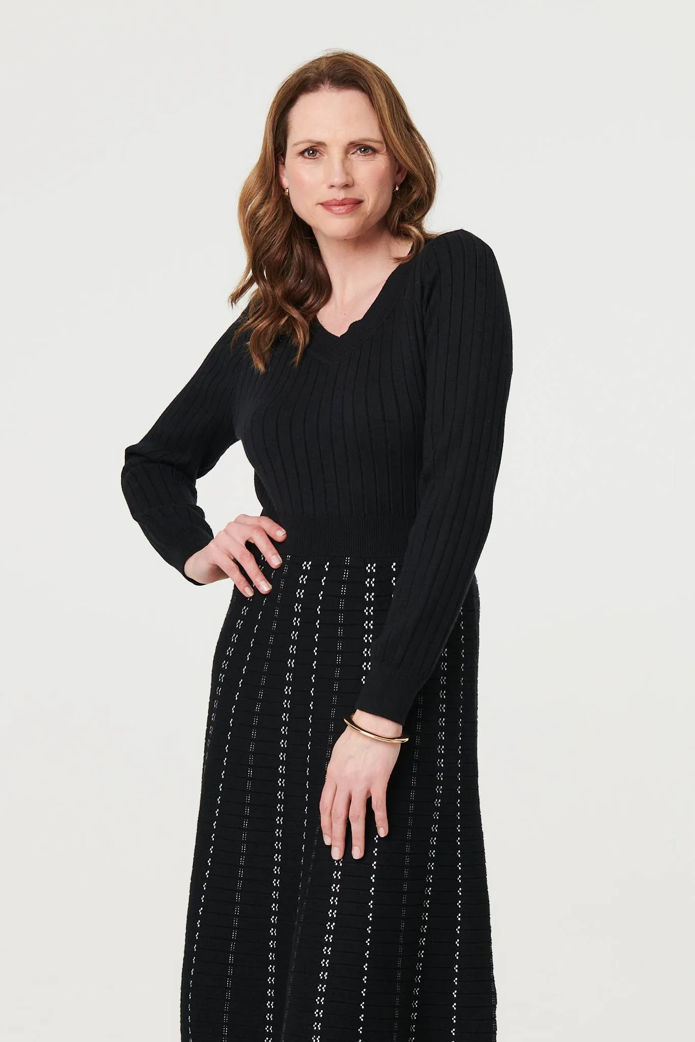Striped Long Sleeve Midi Knit Dress
