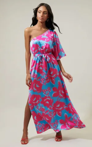 Sugarlips- Mahalo Floral Meara One Shoulder Satin Maxi Dress