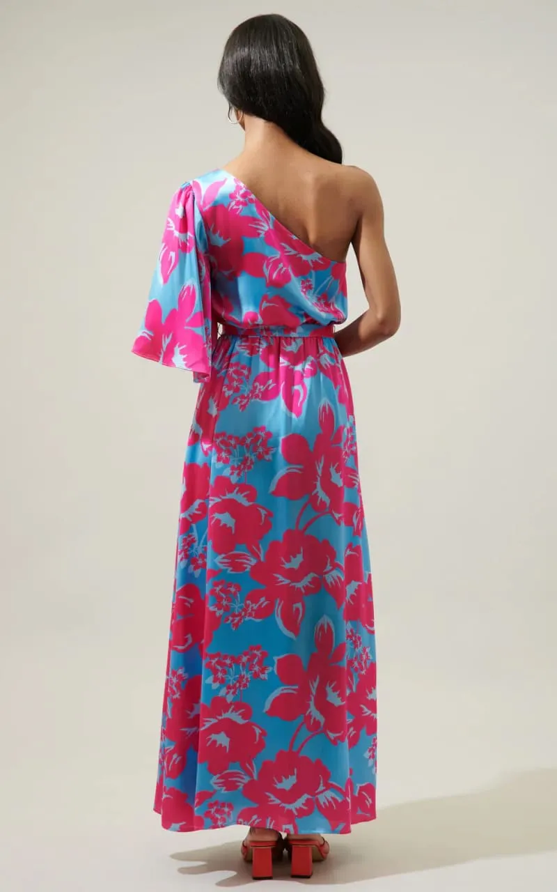 Sugarlips- Mahalo Floral Meara One Shoulder Satin Maxi Dress