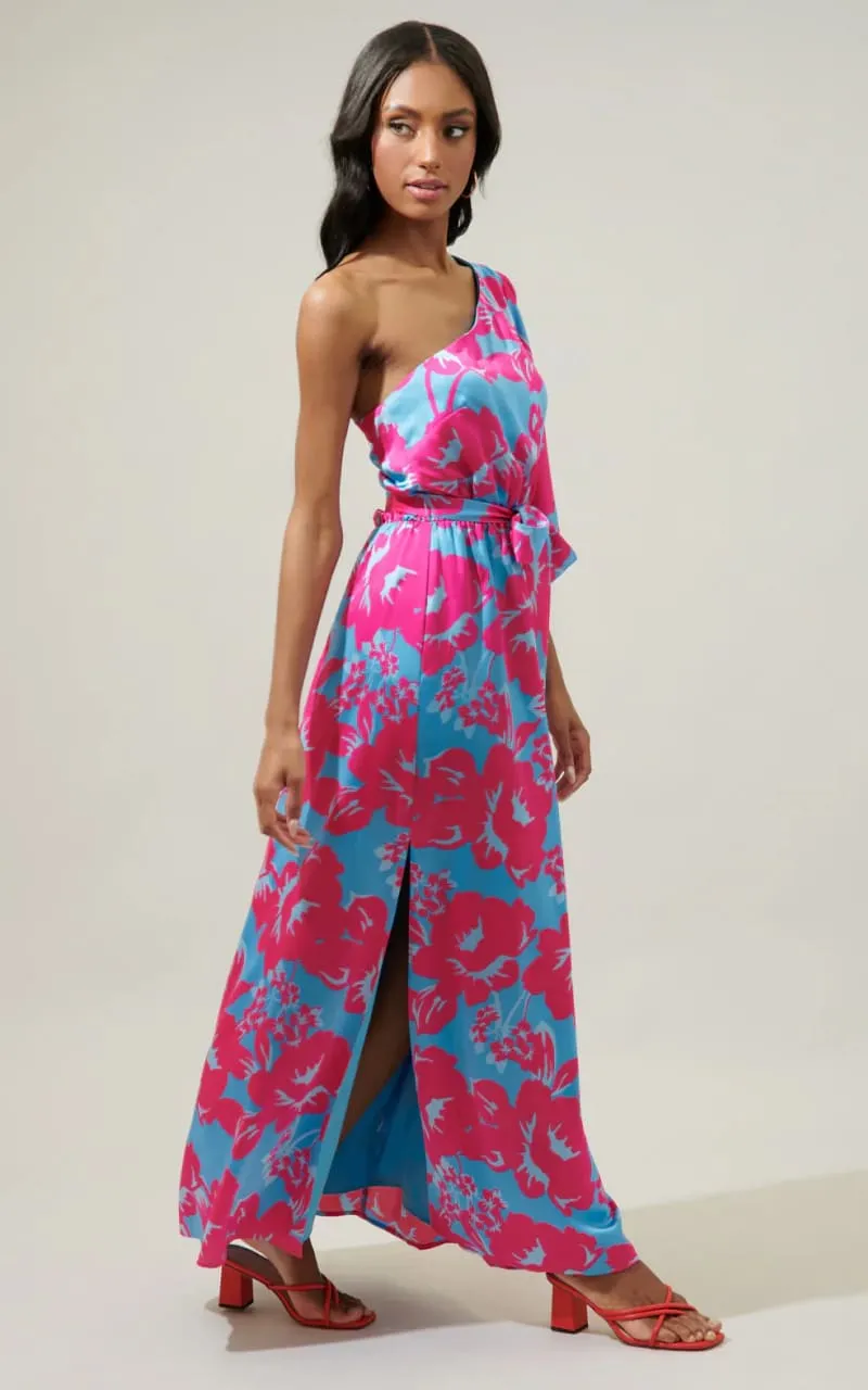 Sugarlips- Mahalo Floral Meara One Shoulder Satin Maxi Dress