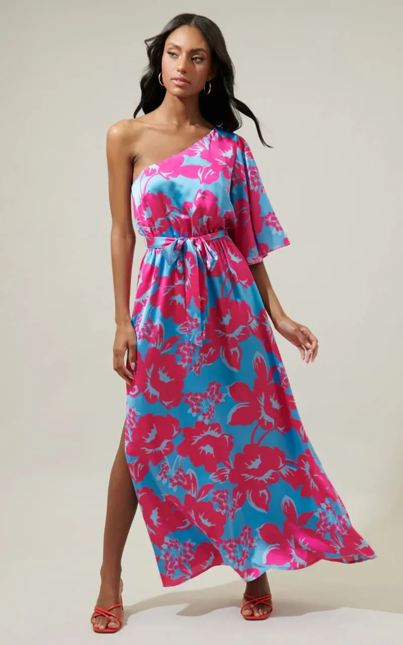 Sugarlips- Mahalo Floral Meara One Shoulder Satin Maxi Dress
