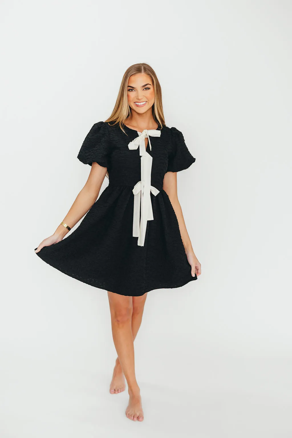 Summer Bow Tie Front Mini Dress In Black