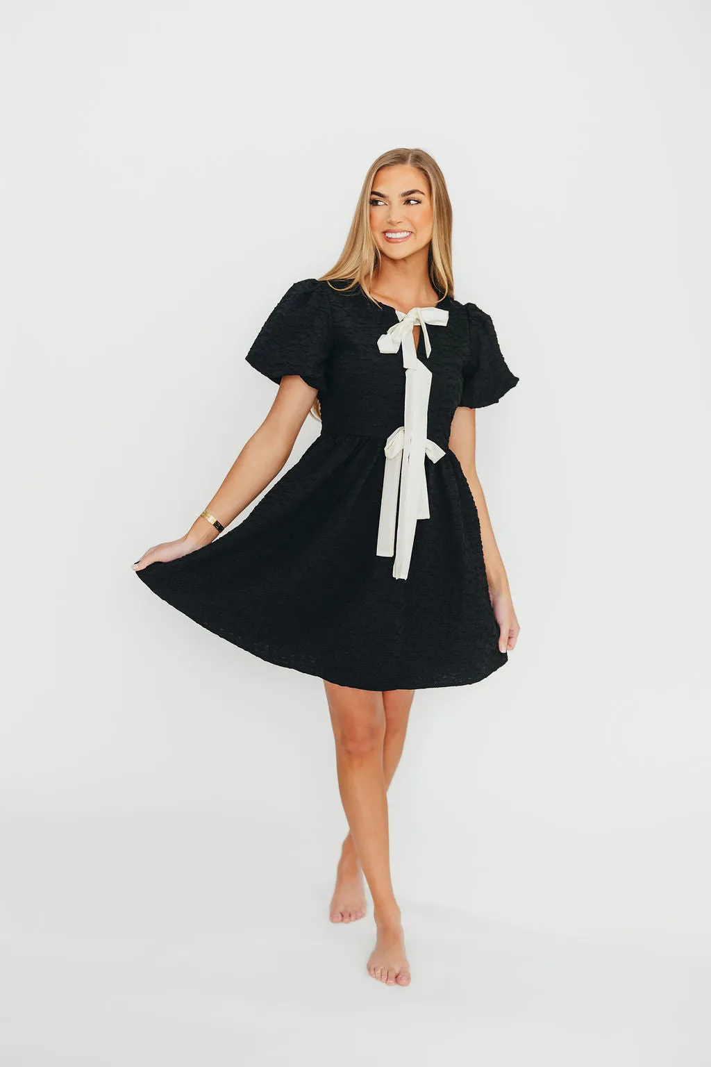 Summer Bow Tie Front Mini Dress In Black