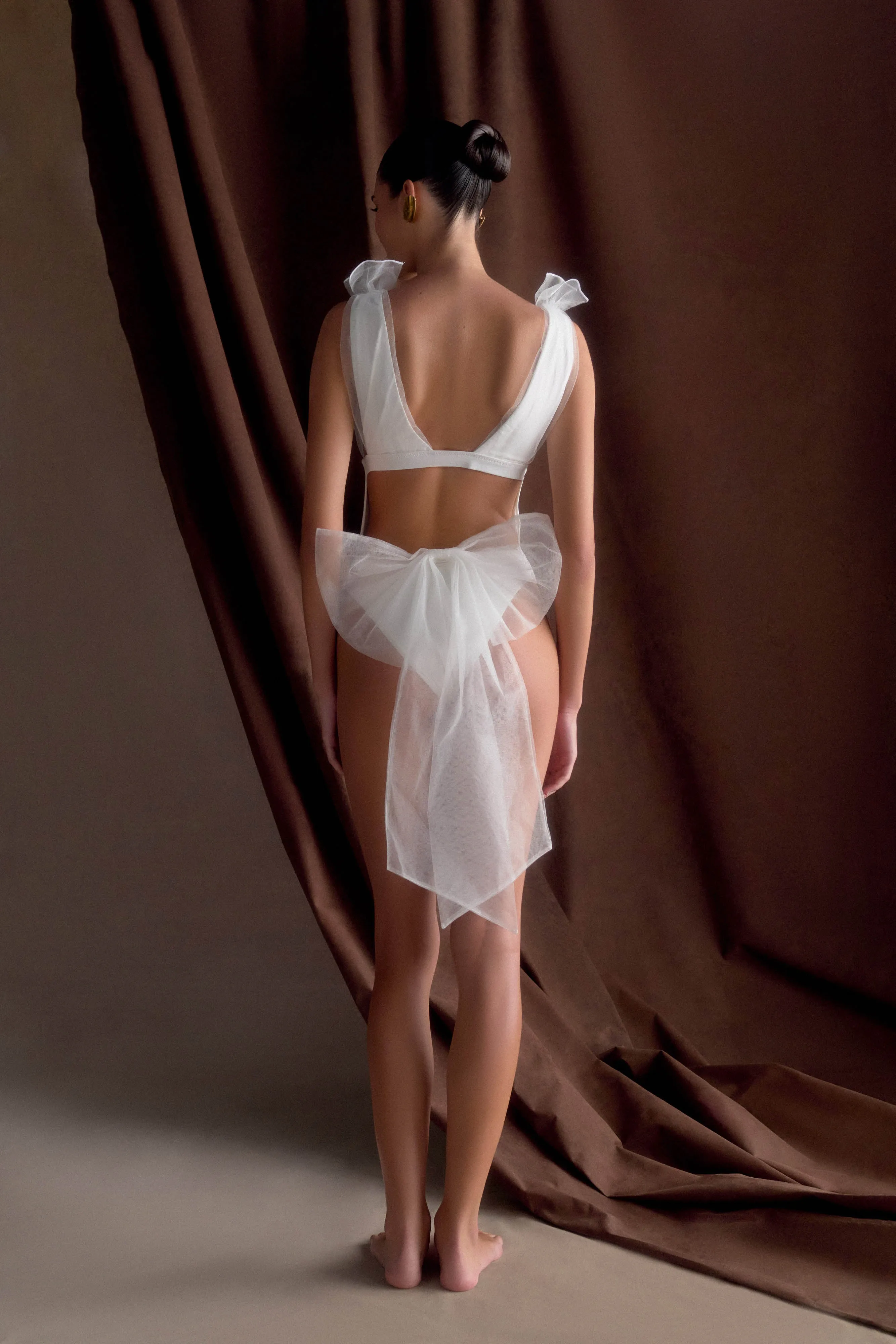 Sybil Plunge One Piece With Bow - Ivory