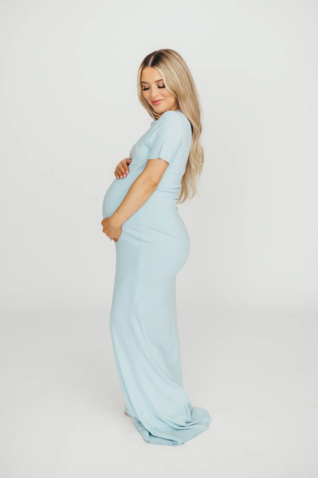 The Charlie Ribbed Maxi Dress in Baby Blue -Bump Friendly