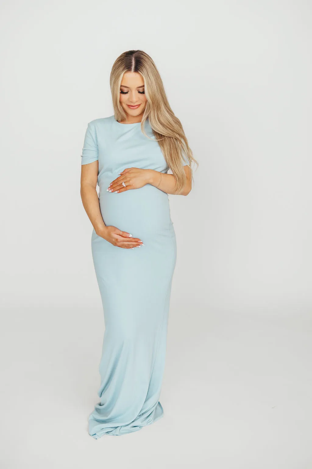 The Charlie Ribbed Maxi Dress in Baby Blue -Bump Friendly