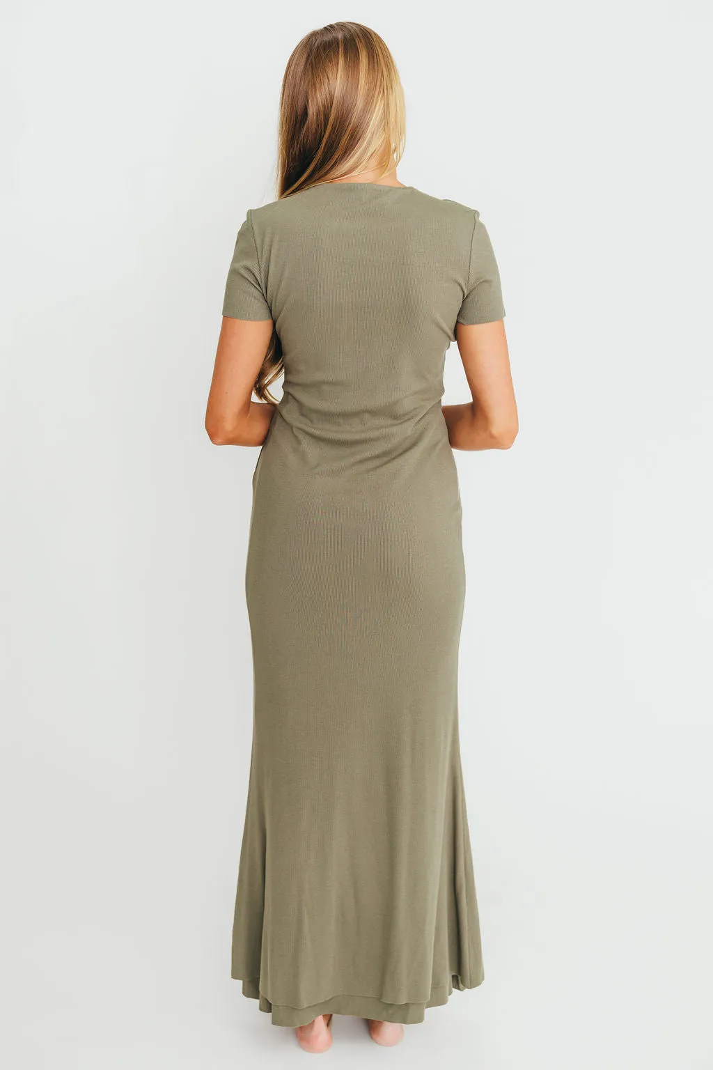 The Charlie Ribbed Maxi Dress in Dusty Olive Green -Bump Friendly