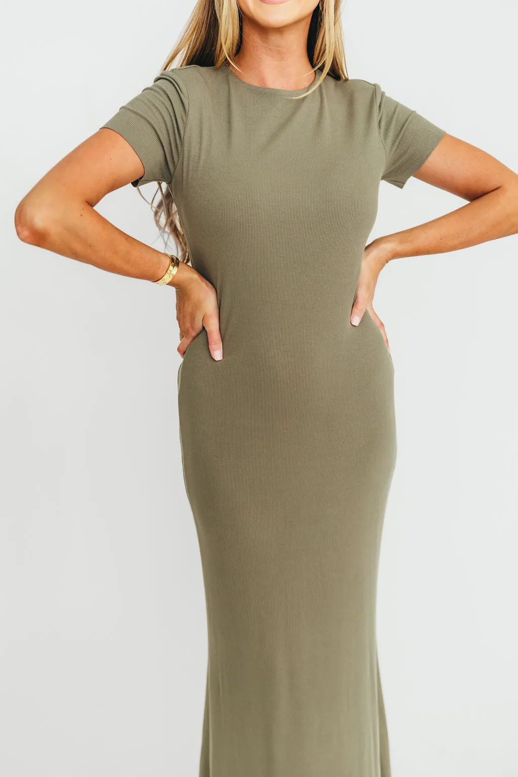 The Charlie Ribbed Maxi Dress in Dusty Olive Green -Bump Friendly