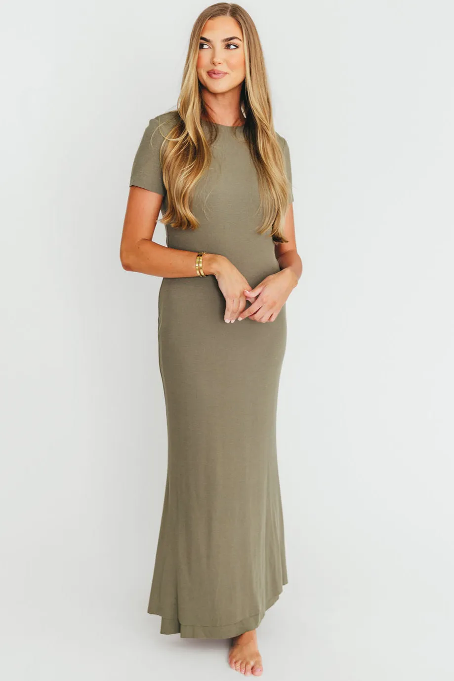 The Charlie Ribbed Maxi Dress in Dusty Olive Green -Bump Friendly