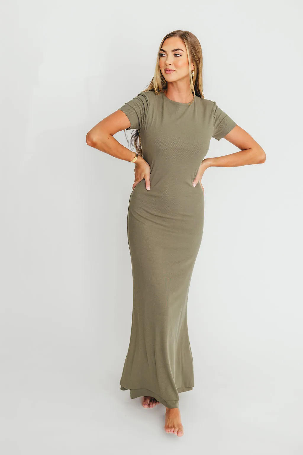 The Charlie Ribbed Maxi Dress in Dusty Olive Green -Bump Friendly