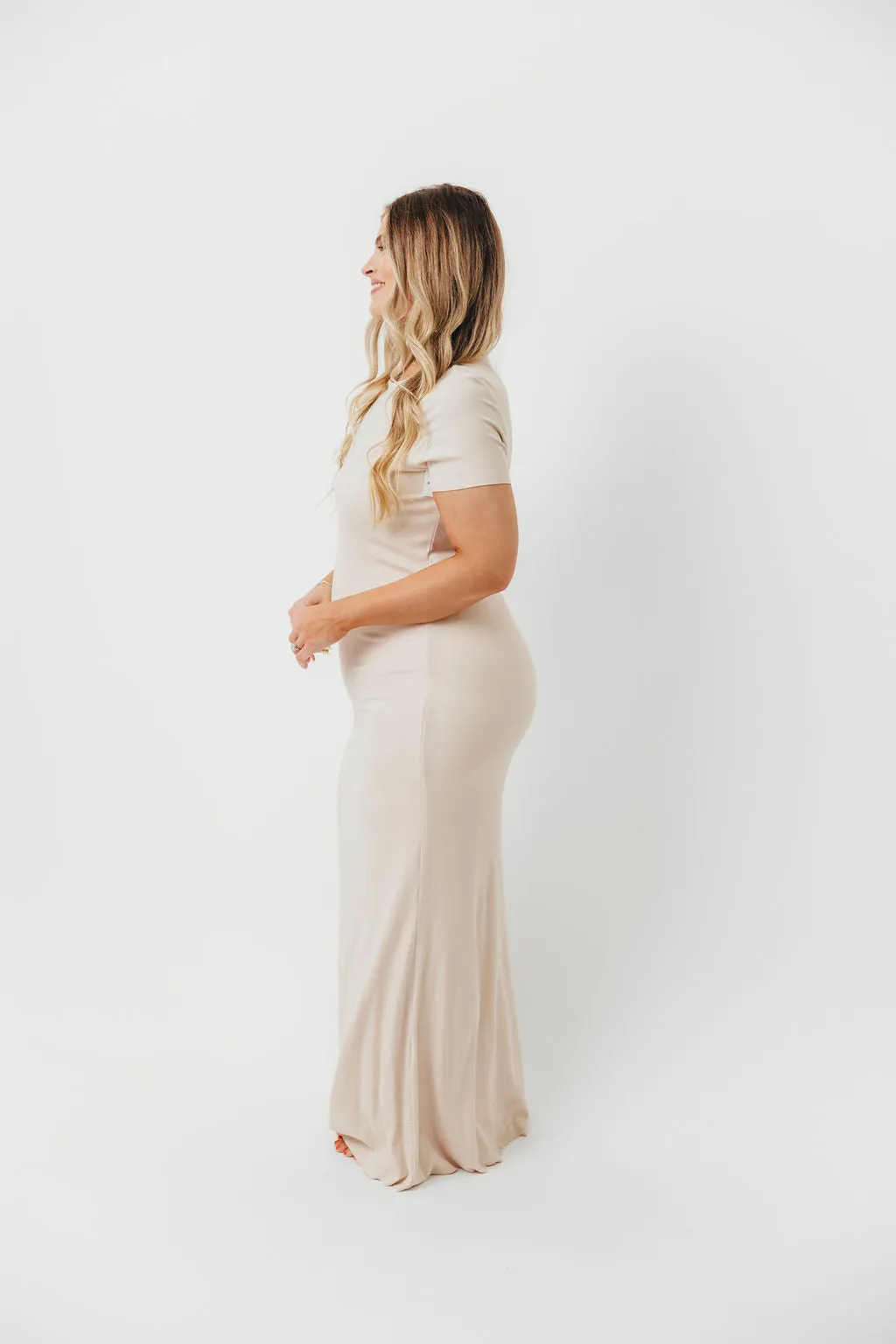 The Charlie Ribbed Maxi Dress in Light Peach - Bump Friendly