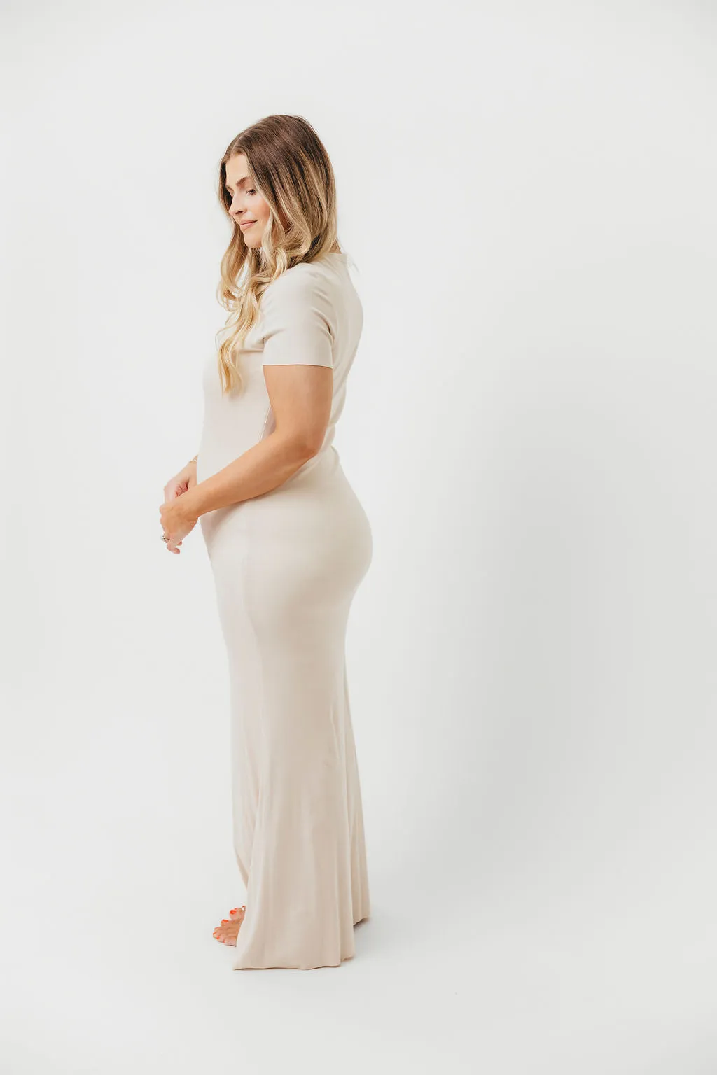 The Charlie Ribbed Maxi Dress in Light Peach - Bump Friendly