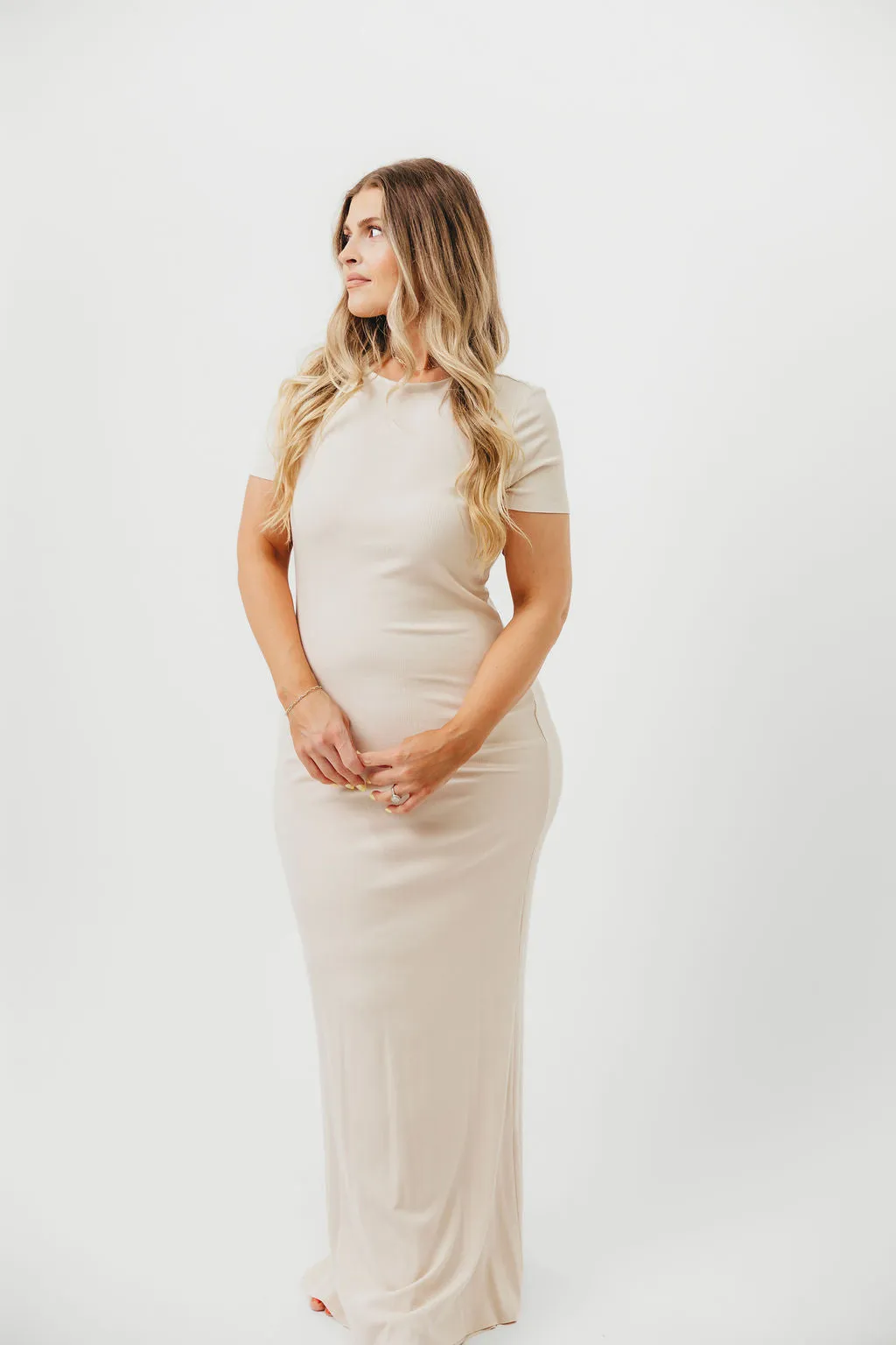 The Charlie Ribbed Maxi Dress in Light Peach - Bump Friendly