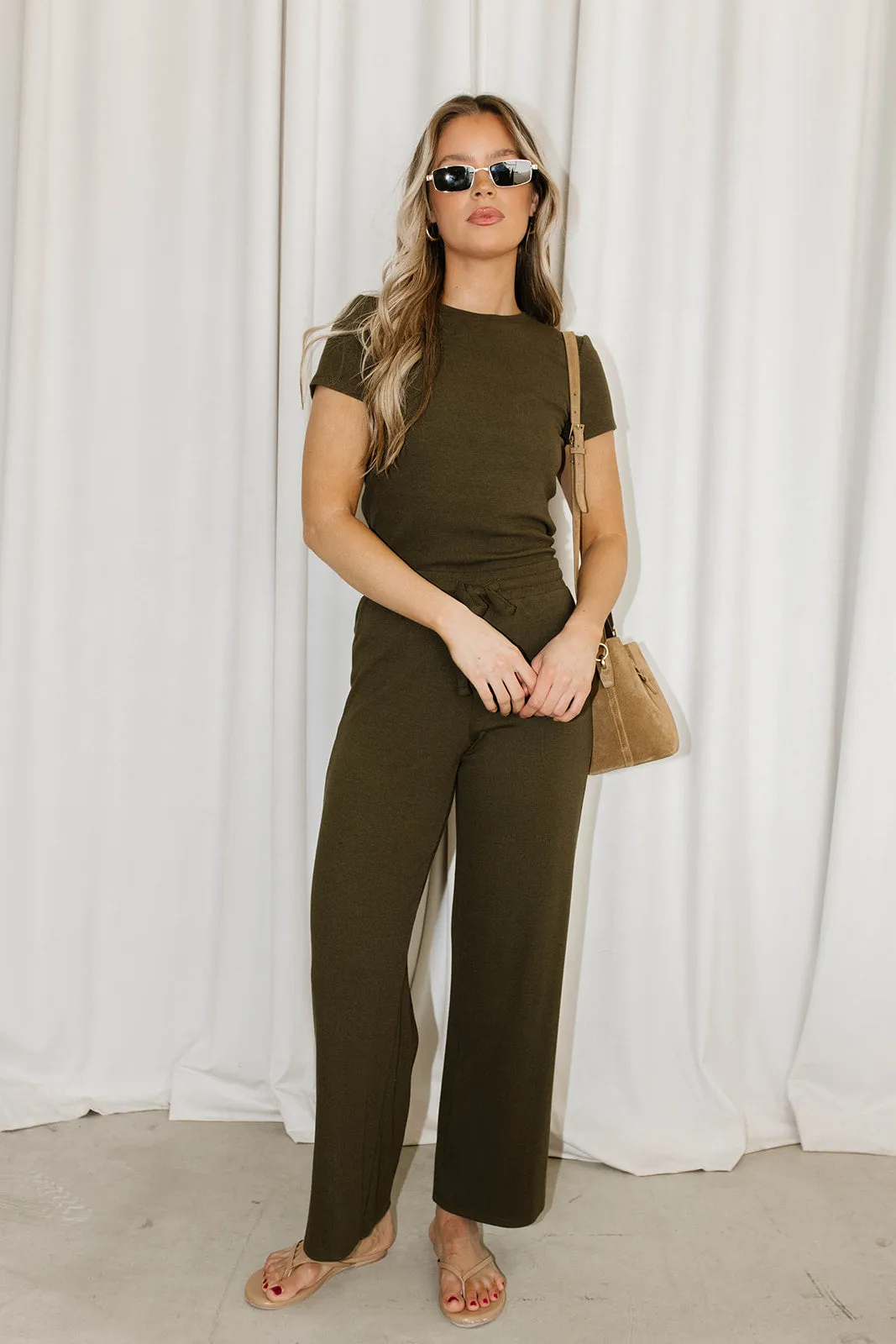 The Muse Knit Ribbed Short Sleeve Top & Pants Set in Olive