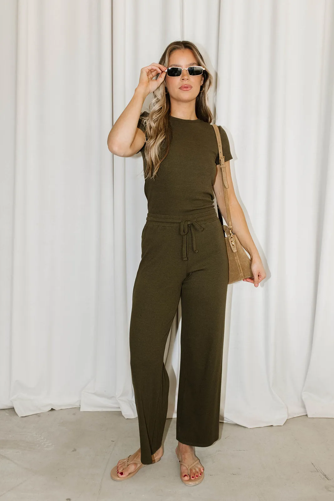 The Muse Knit Ribbed Short Sleeve Top & Pants Set in Olive