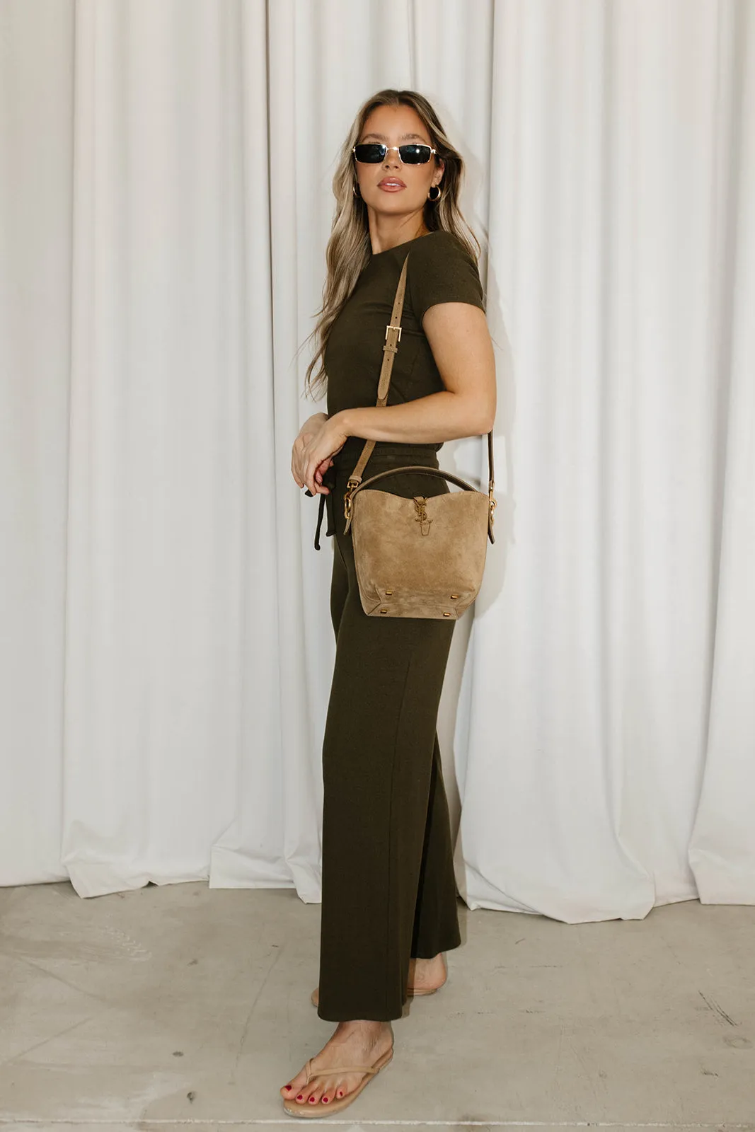 The Muse Knit Ribbed Short Sleeve Top & Pants Set in Olive