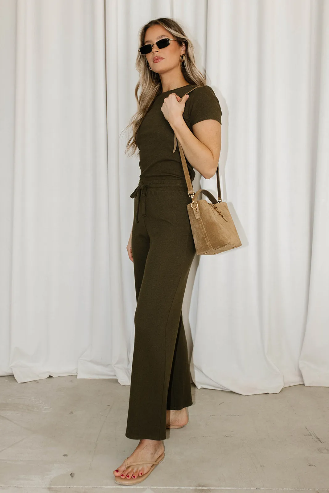 The Muse Knit Ribbed Short Sleeve Top & Pants Set in Olive