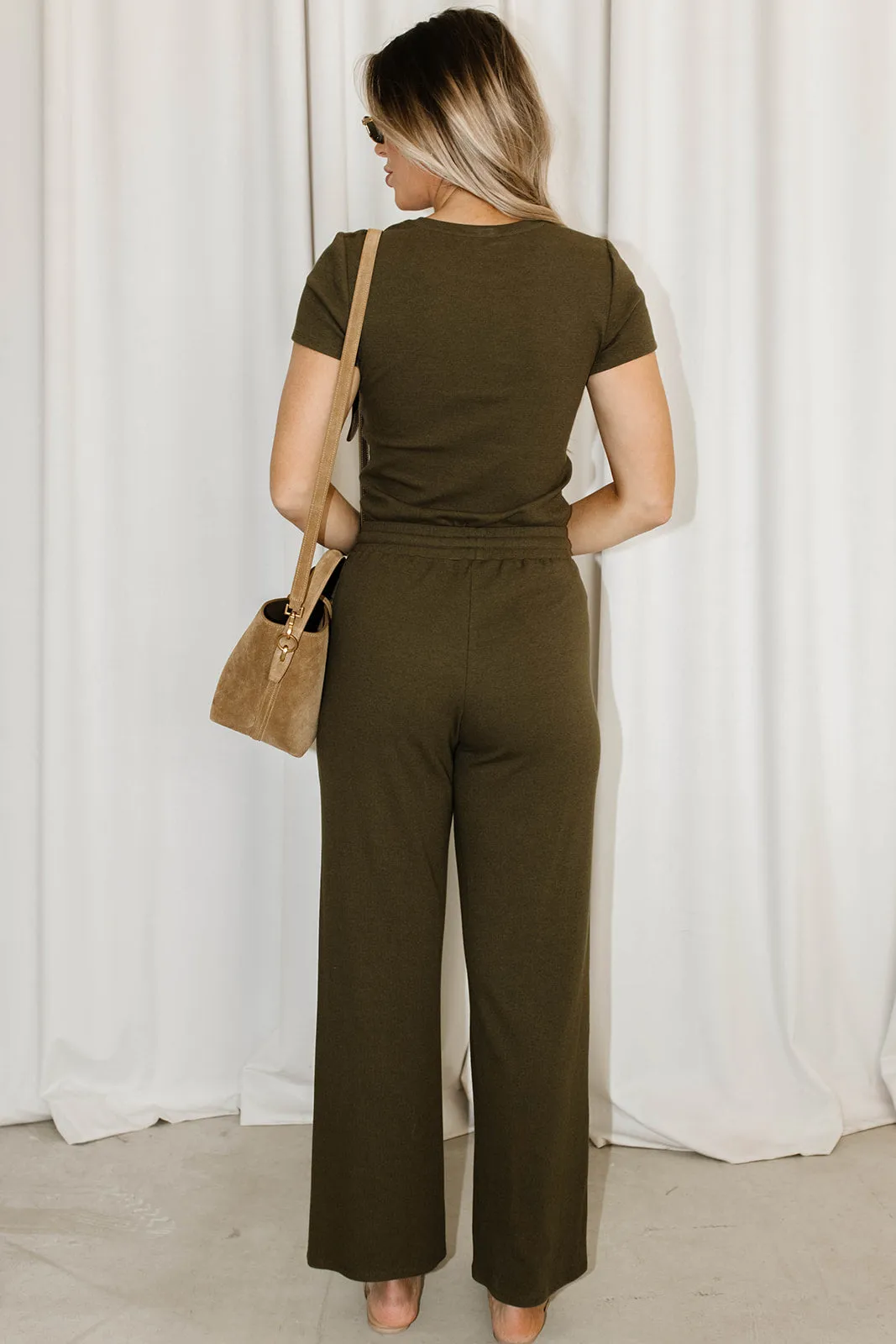 The Muse Knit Ribbed Short Sleeve Top & Pants Set in Olive