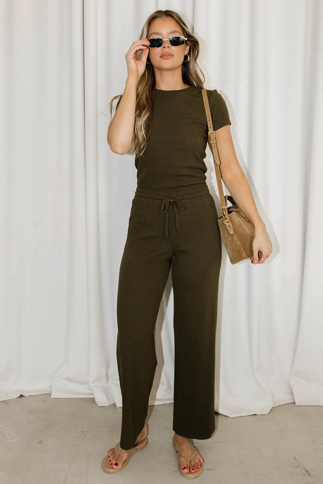 The Muse Knit Ribbed Short Sleeve Top & Pants Set in Olive