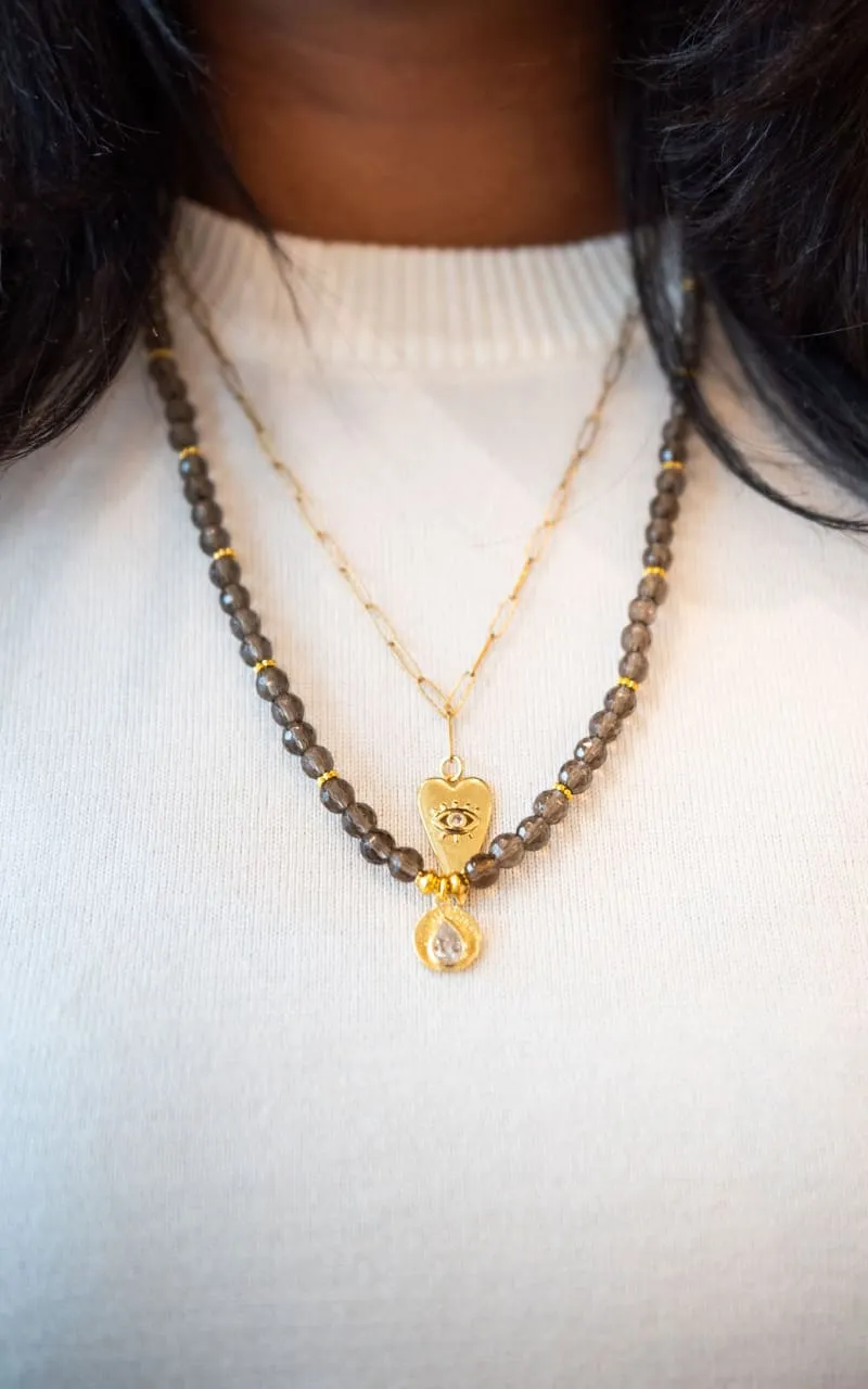 Twisted Baubles - Smoky Quartz Beaded with Gold Charm Necklace