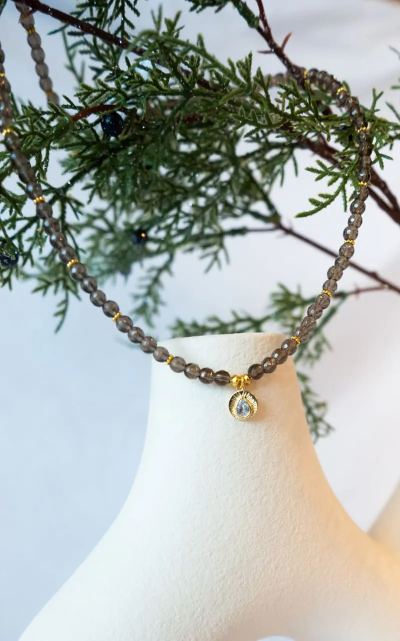 Twisted Baubles - Smoky Quartz Beaded with Gold Charm Necklace