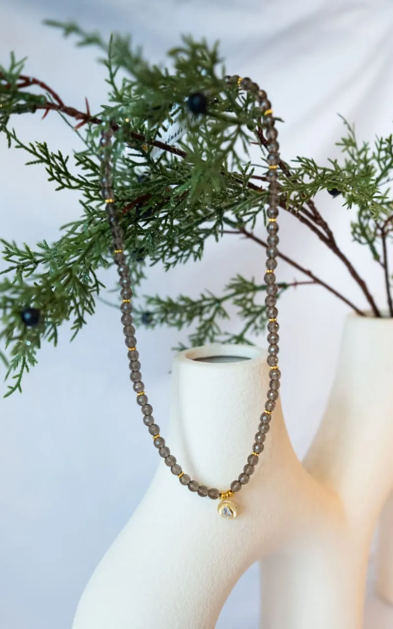 Twisted Baubles - Smoky Quartz Beaded with Gold Charm Necklace
