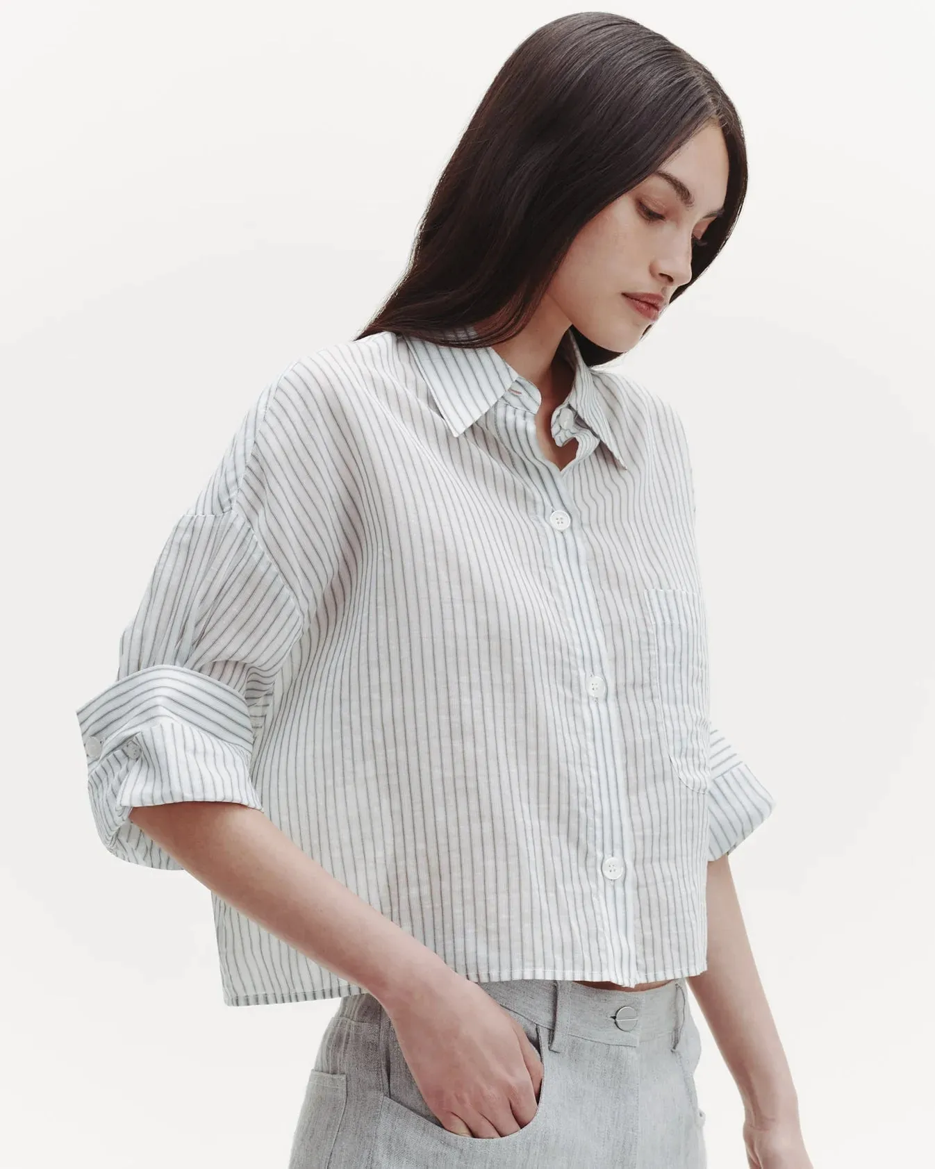 TWP - Next Ex Shirt in Harbor Grey Multi Cotton Silk Stripe