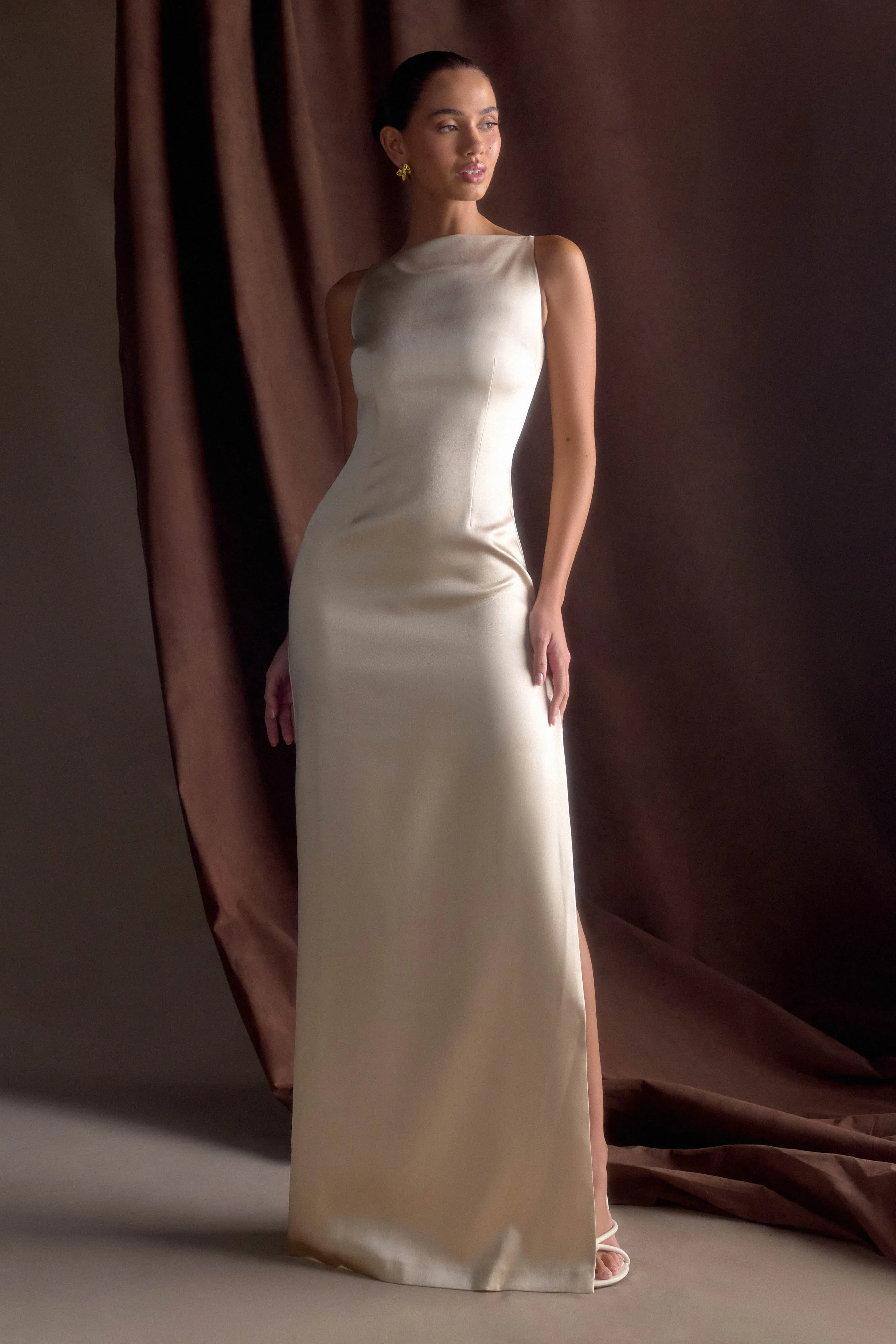 Violet Sleeveless Satin Maxi Dress - Blush Gold