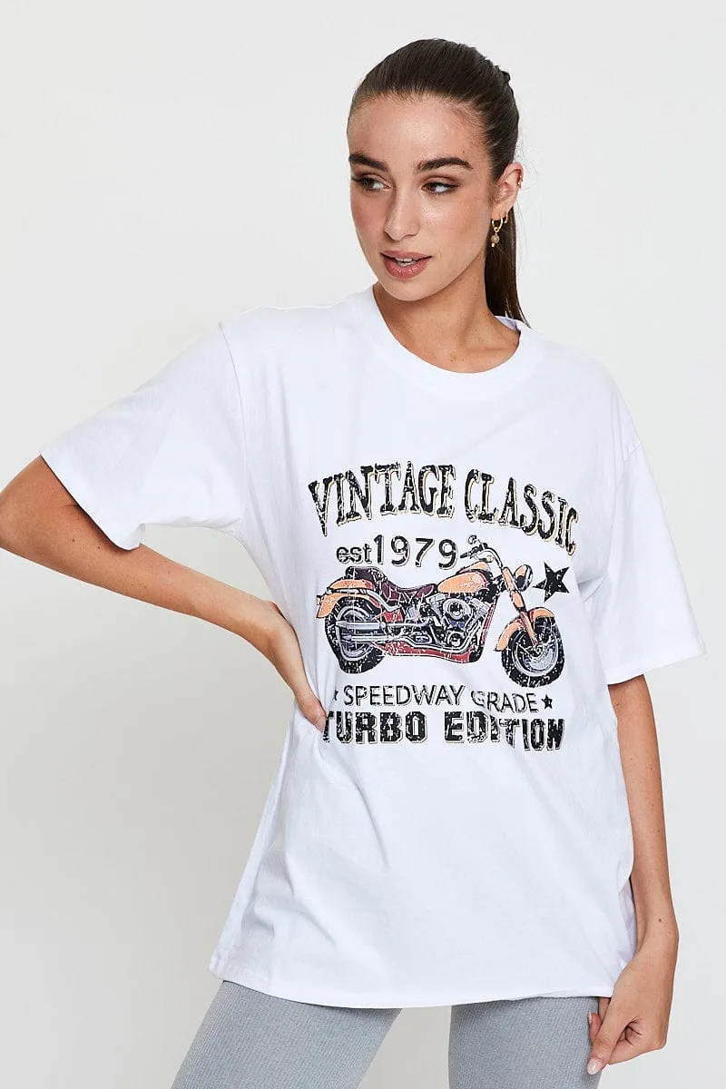White Graphic T Shirt Short Sleeve Oversized