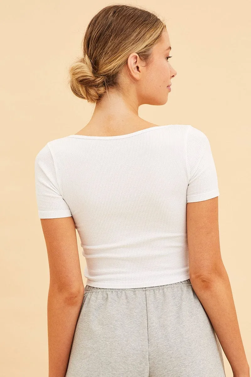 White Seamless T-Shirt Crop Short Sleeve Square Neck