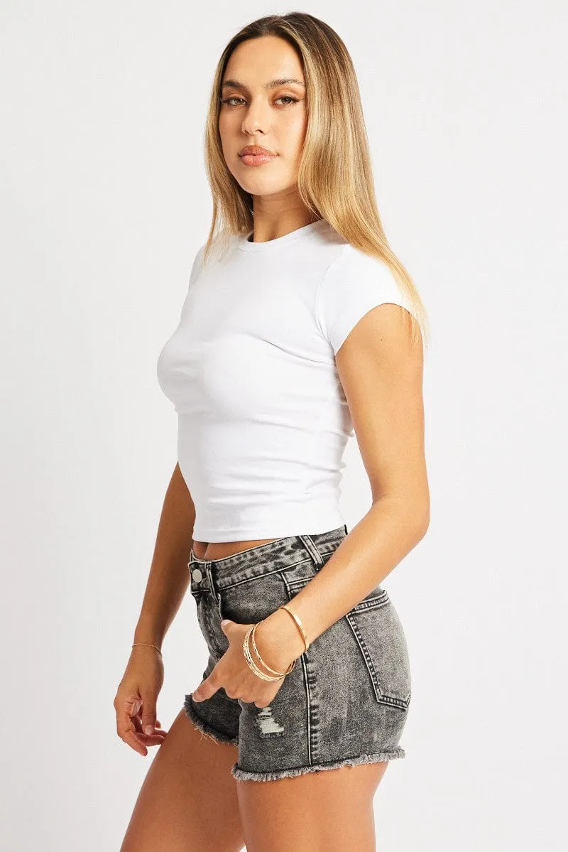 White T Shirt Short Sleeve Crew Neck Cotton Rib