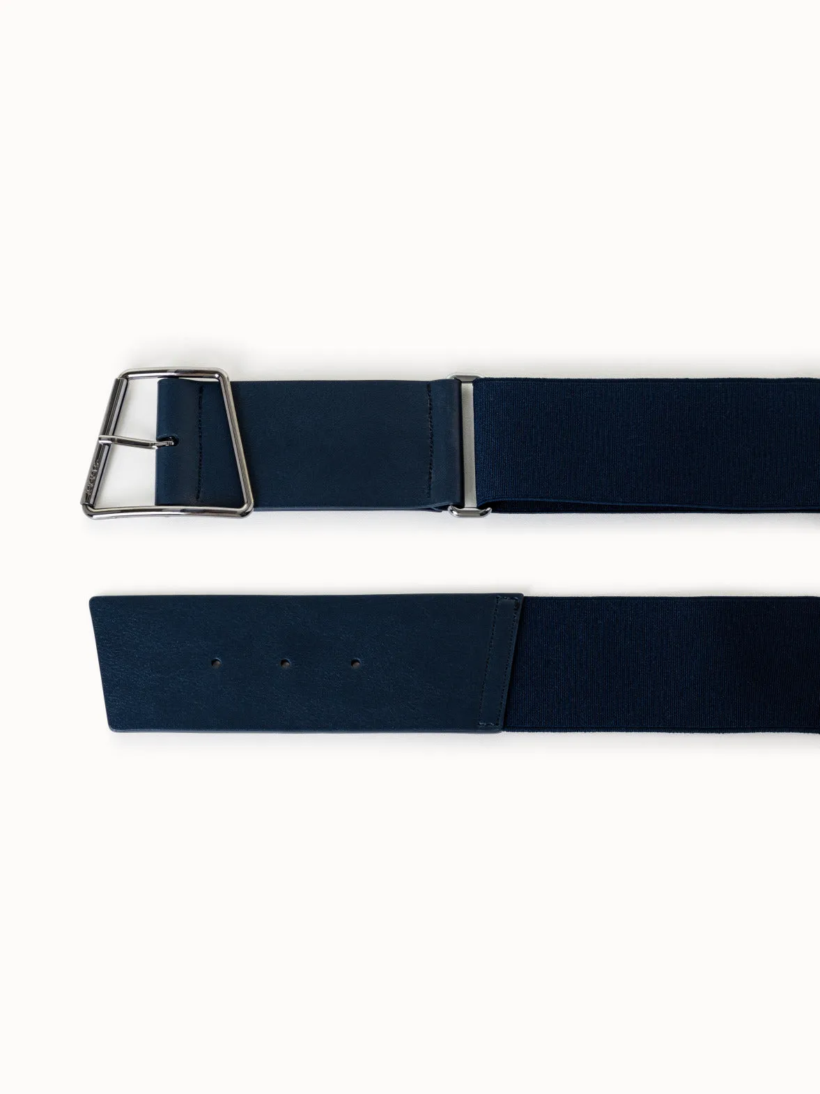 Wide Leather and Elastic Belt with Trapezoid Buckle