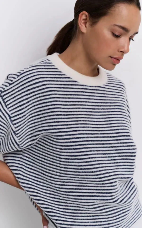 YAYA - Short Sleeved Striped Fluffy Sweater