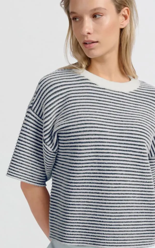 YAYA - Short Sleeved Striped Fluffy Sweater
