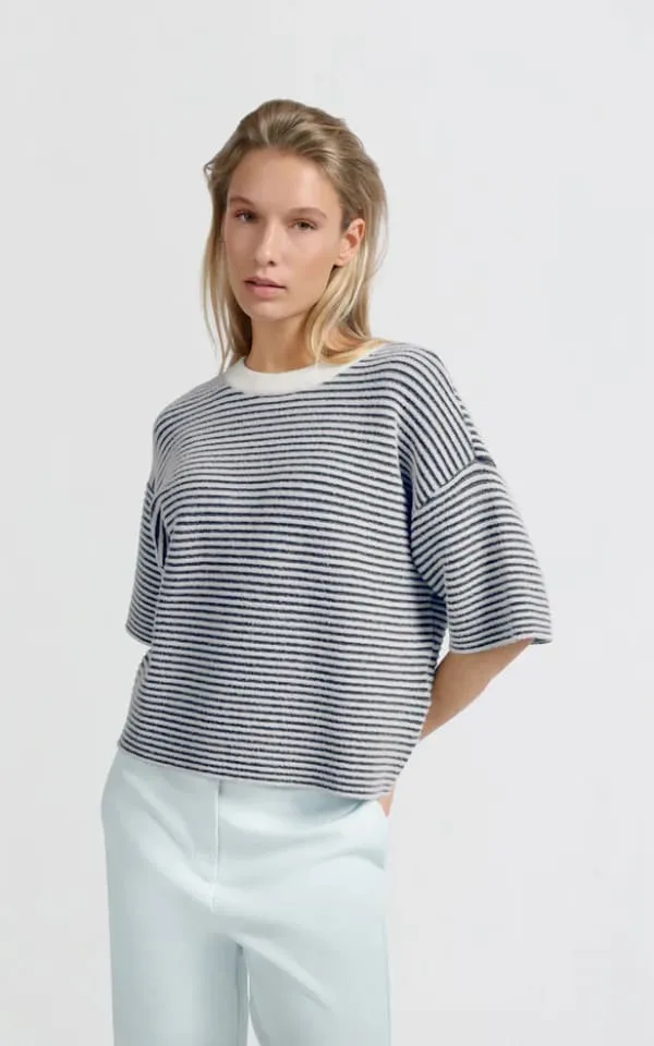 YAYA - Short Sleeved Striped Fluffy Sweater