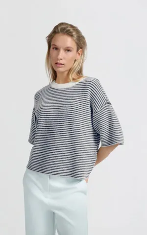 YAYA - Short Sleeved Striped Fluffy Sweater