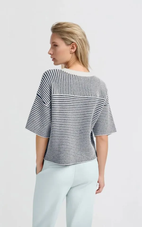 YAYA - Short Sleeved Striped Fluffy Sweater