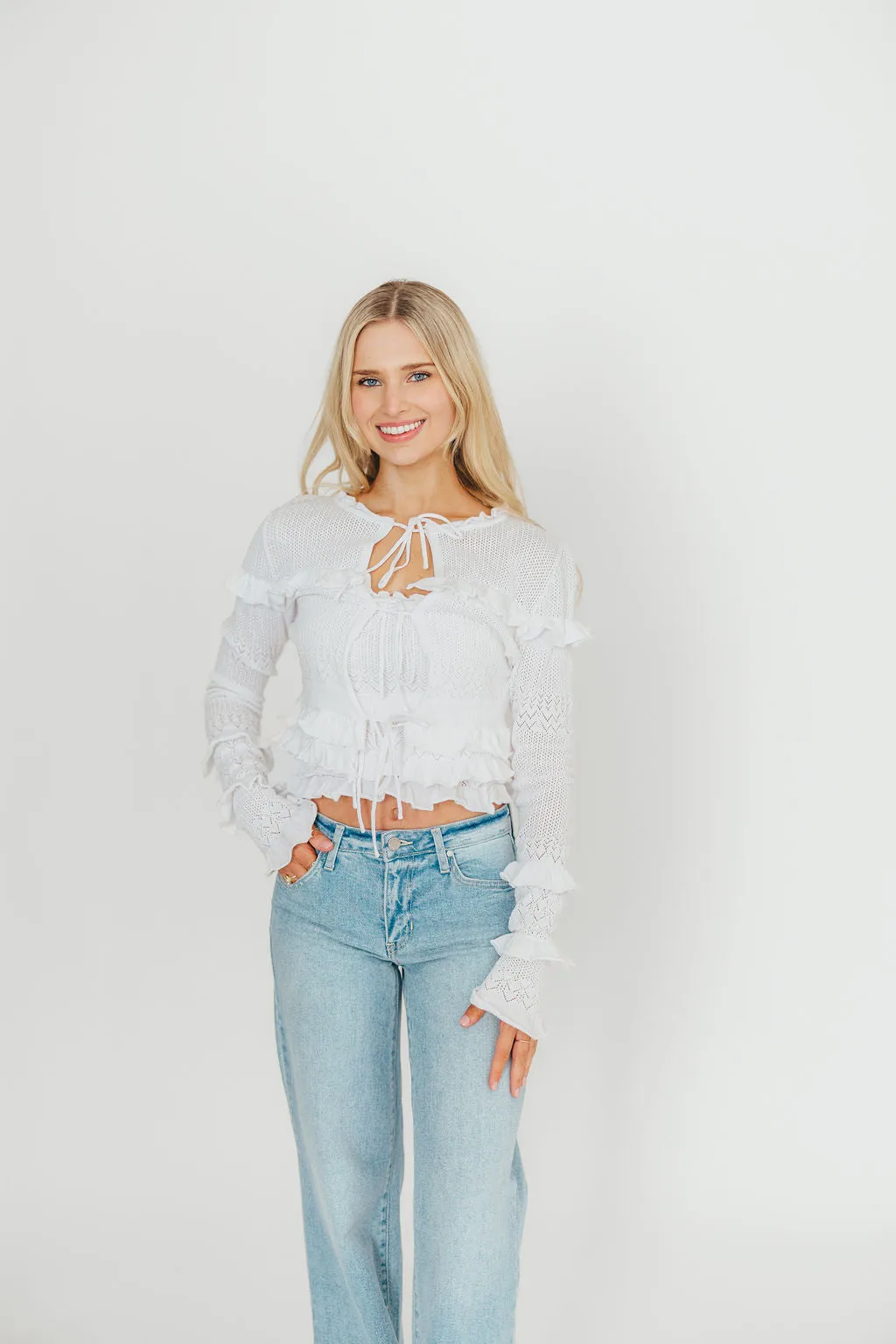 Zayne Cardigan and Strapless Tube Top And Sweater Set in Off-White