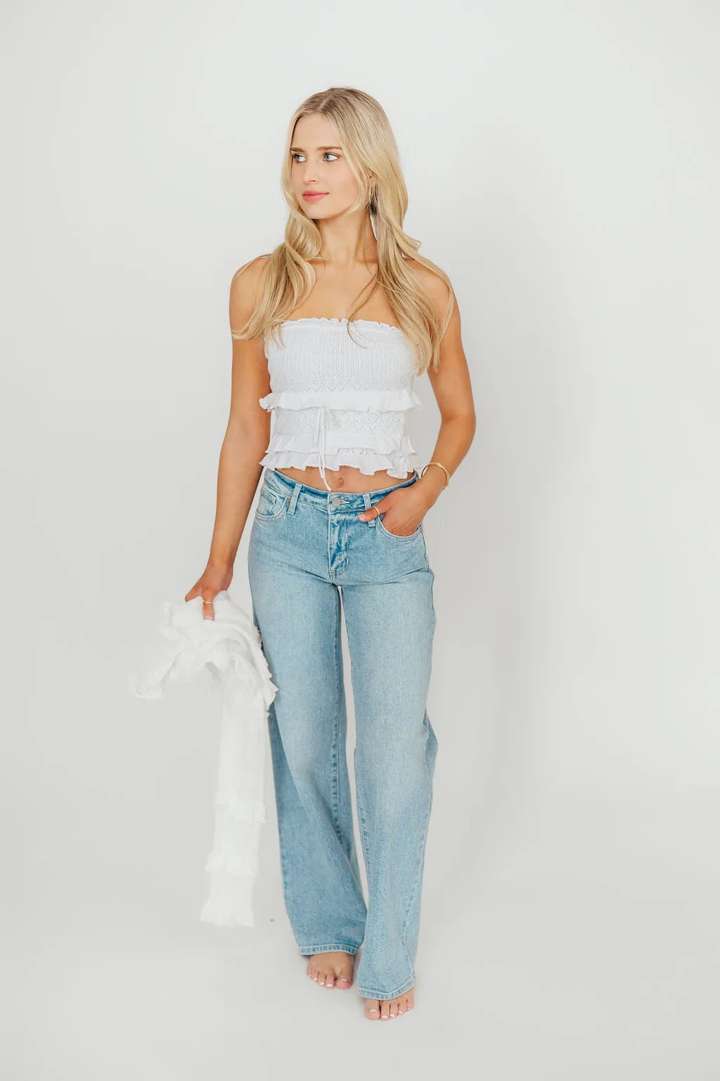 Zayne Cardigan and Strapless Tube Top And Sweater Set in Off-White