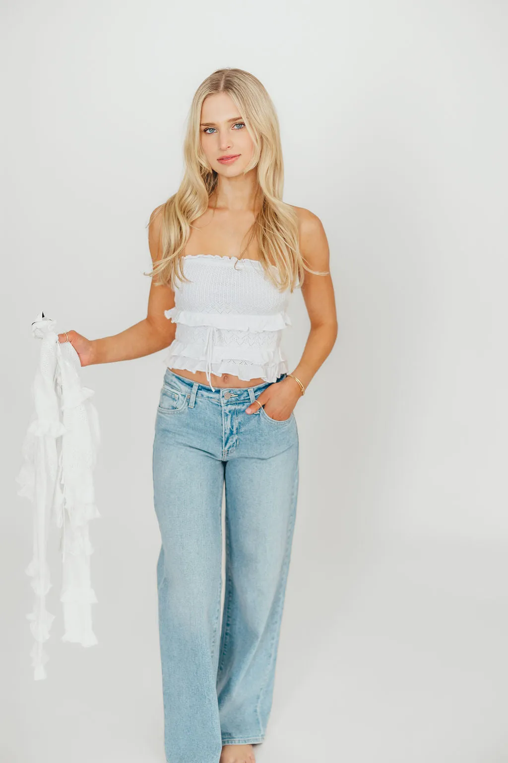 Zayne Cardigan and Strapless Tube Top And Sweater Set in Off-White