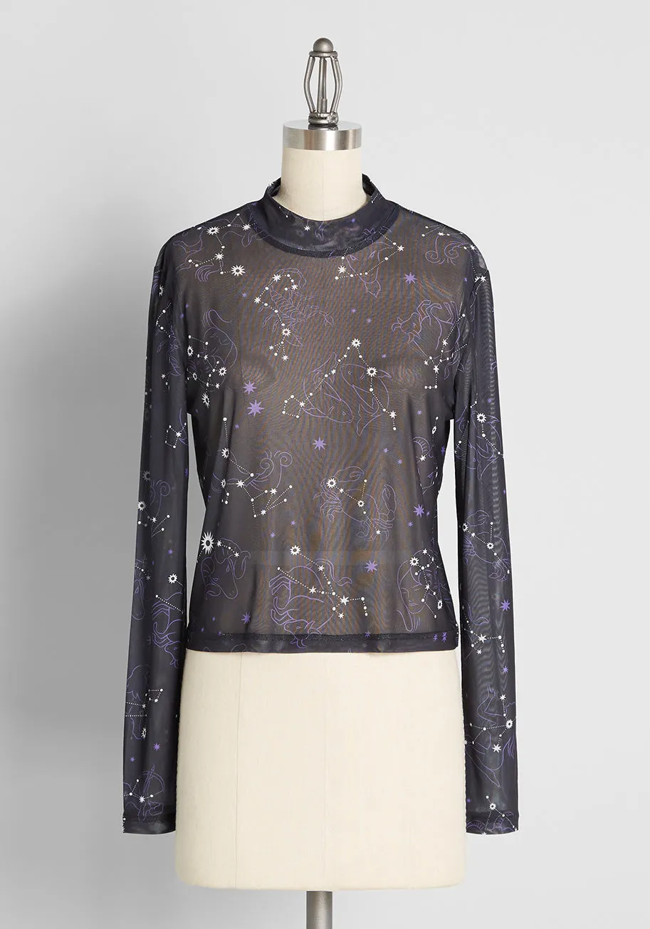 Zest Of The Zodiac Mesh Mock Neck Top