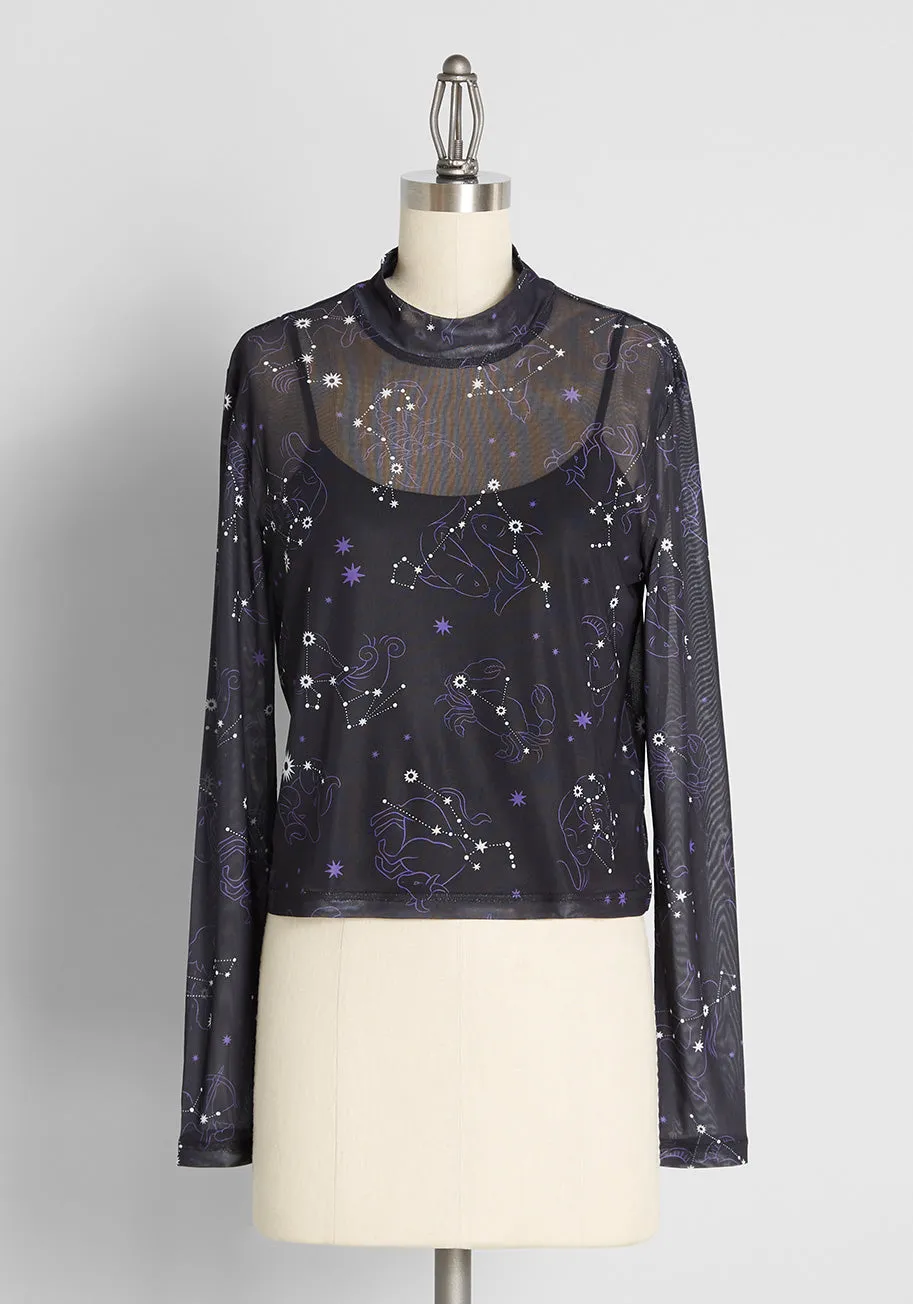 Zest Of The Zodiac Mesh Mock Neck Top