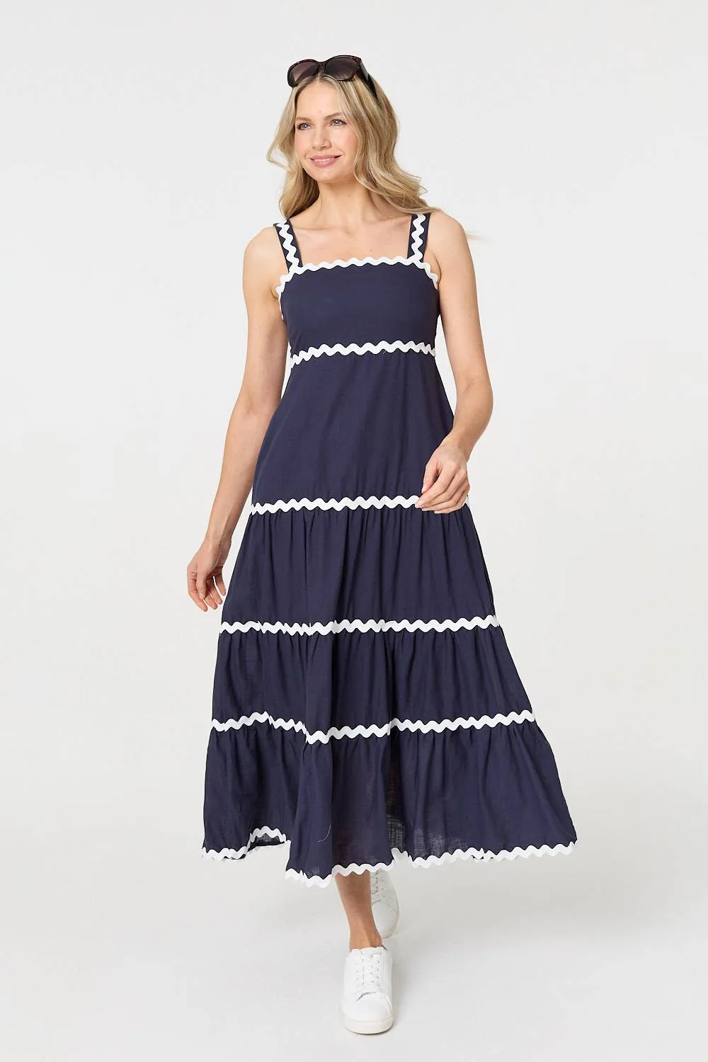 Zig Zag Trim Sleeveless Tiered Midi Dress