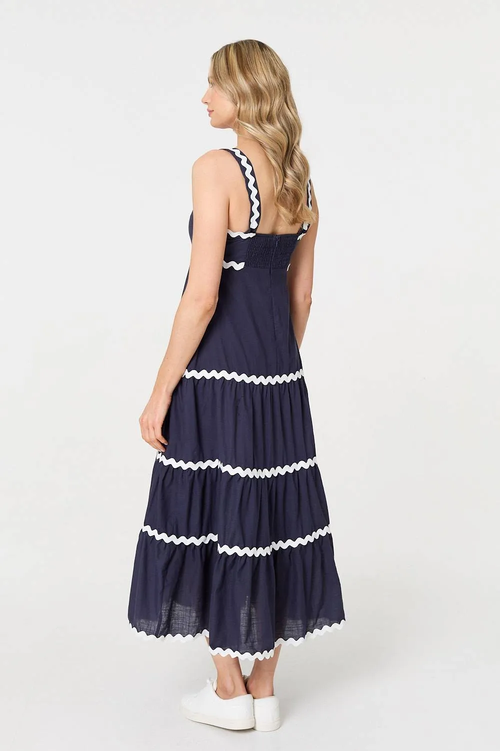 Zig Zag Trim Sleeveless Tiered Midi Dress