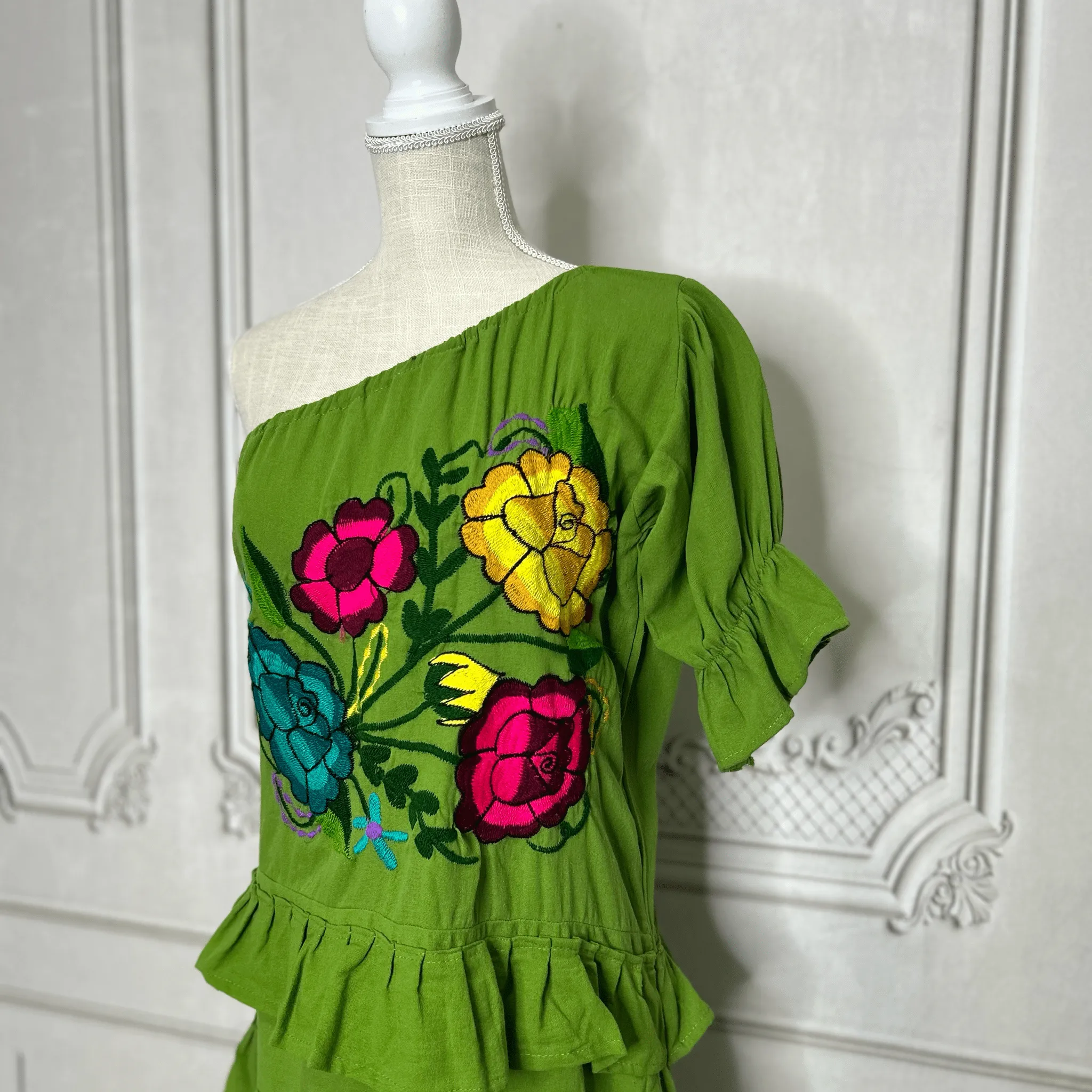 Zinia Mexican One Sleeve Ruffled Dress