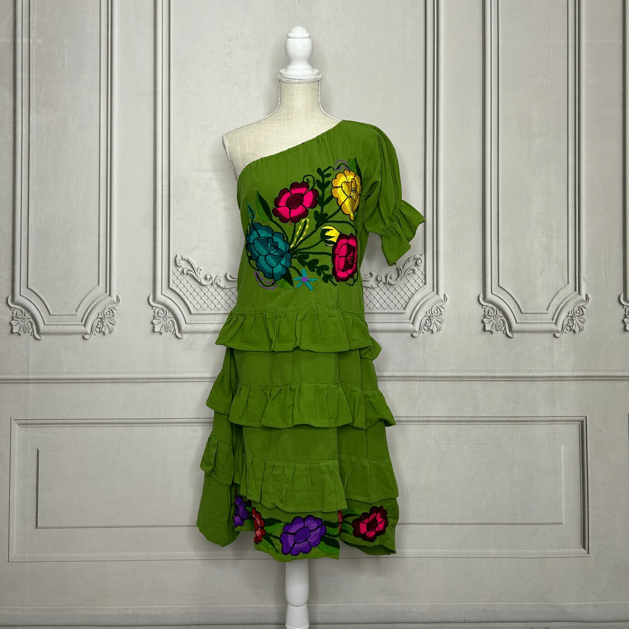 Zinia Mexican One Sleeve Ruffled Dress