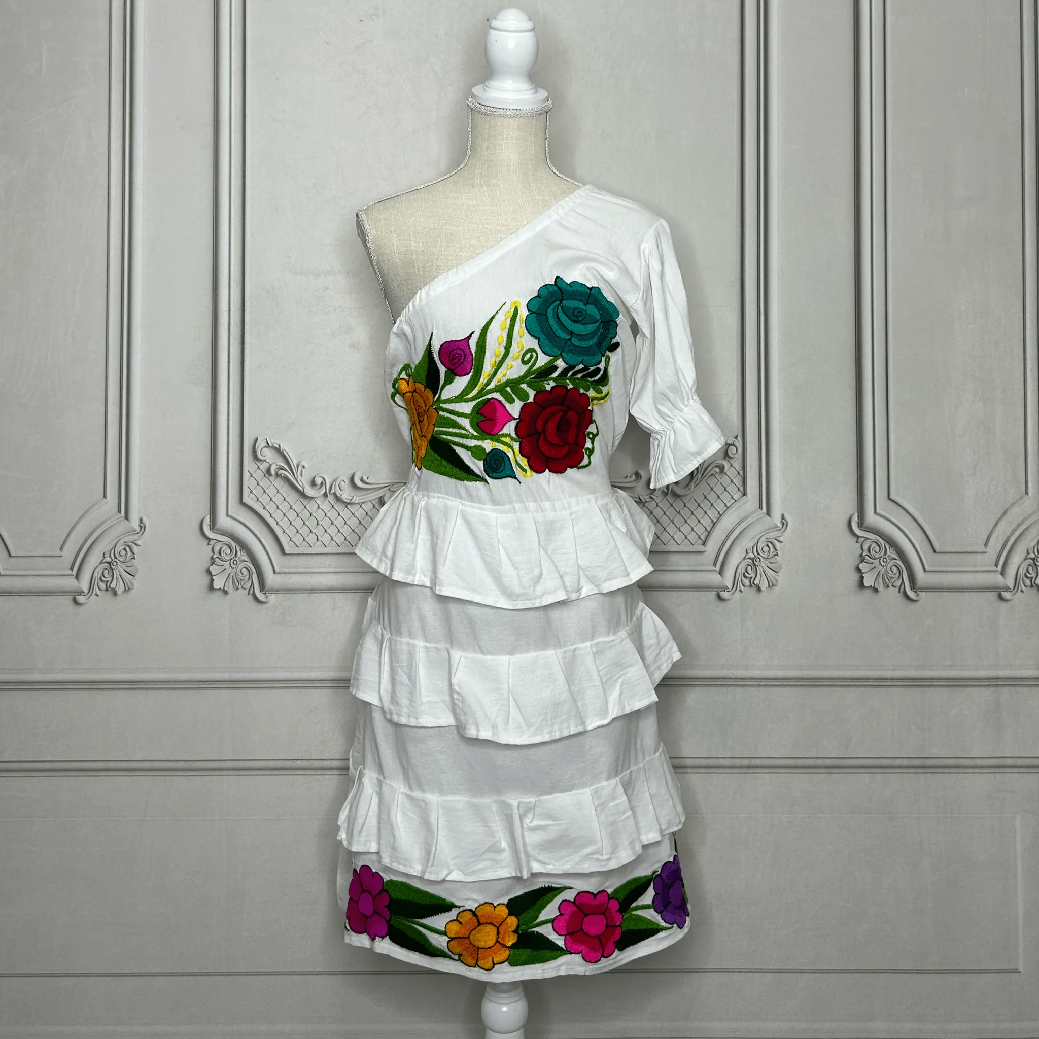 Zinia Mexican One Sleeve Ruffled Dress